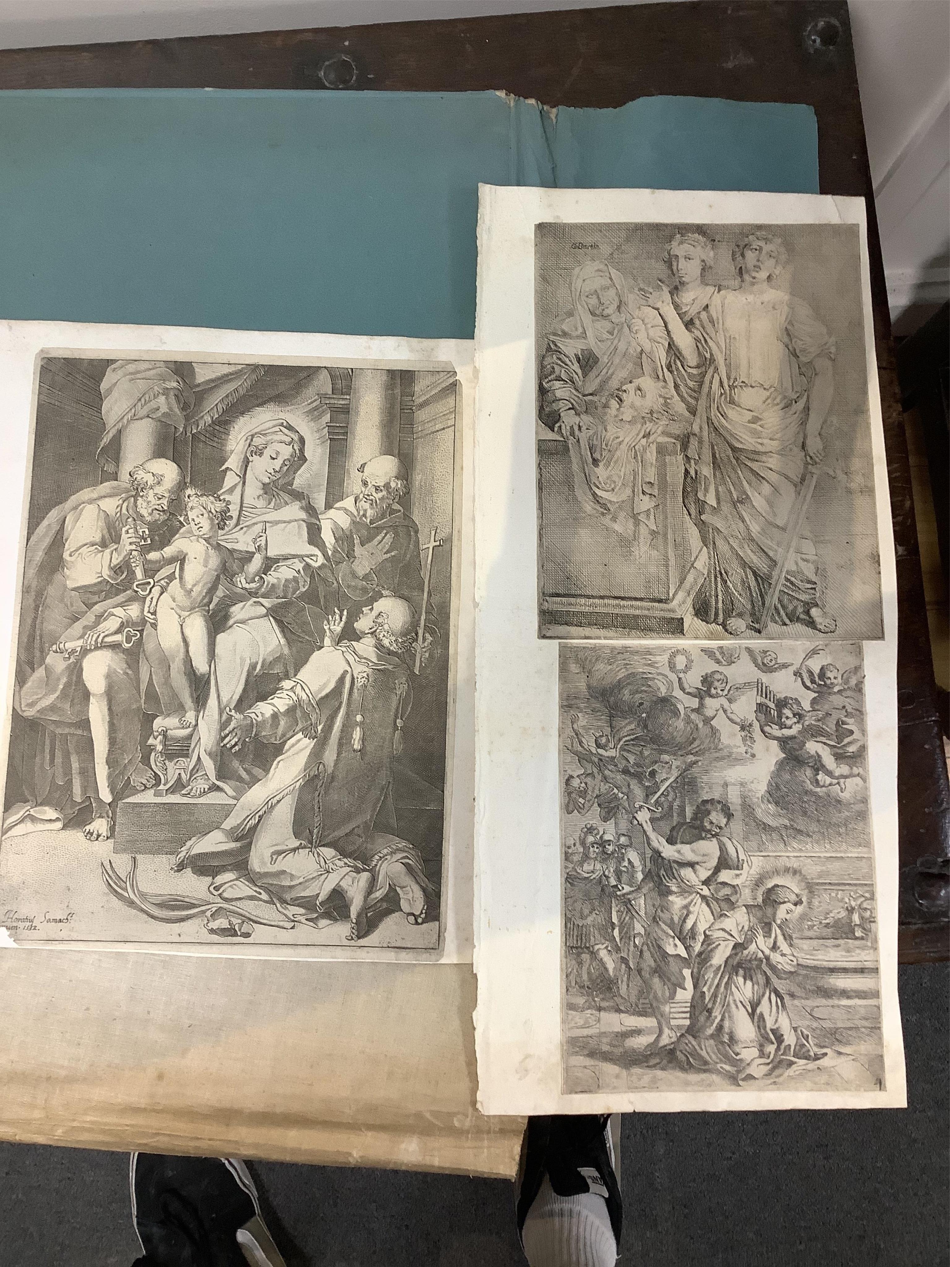 A folio of 16th century and later Old Master prints and engravings to include after Palma Vecchio (Italian, 1479-1528), engraving, 'The rich man in hell tormented by demons, 1595', after Titian (1489/90-1576), 'St Jerome